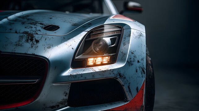 Cinematic close-up of a sleek silver sports car front bumper showing dramatic racing wear and tear alongside insect splatters and lighting.