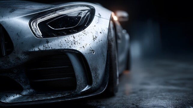 Cinematic close-up of a sleek silver sports car front bumper showing dramatic racing wear and tear alongside insect splatters and lighting.