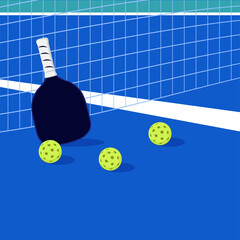 Pickleball game equipment paddle and balls on court