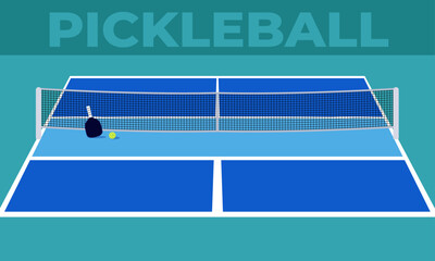 Pickleball court featuring game paddle and ball
