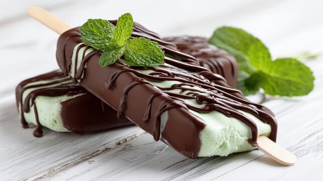 Tasty chocolate and mint ice cream bars, covered in glaze, sit on a white wooden table.