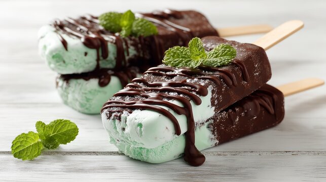Tasty chocolate and mint ice cream bars, covered in glaze, sit on a white wooden table.