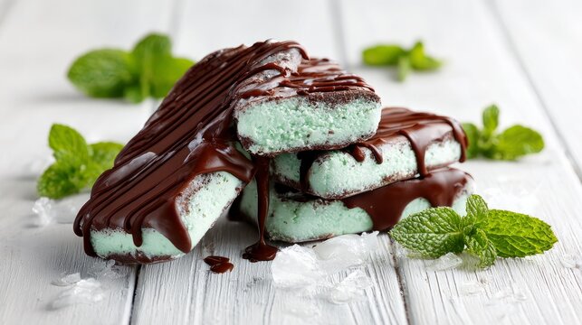 Tasty chocolate and mint ice cream bars, covered in glaze, sit on a white wooden table.