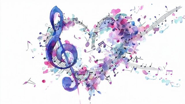 Vibrant music notes form a heart shape with colorful abstract watercolor splashes.
