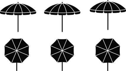 Black beach umbrella icons set, summer parasol silhouettes collection in top and side view, outdoor sunshade vector illustration isolated background © LITON