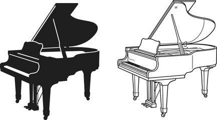Grand piano silhouette and outline vector set, classic acoustic musical instrument illustration, elegant concert keyboard isolated on white background © LITON