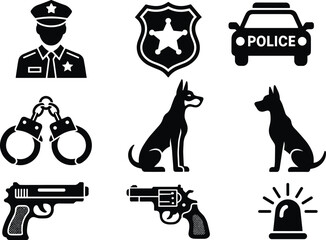 Police and law enforcement icon set with officer, badge, patrol car, handcuffs, K9 dog, handgun and siren silhouettes isolated on white background © LITON