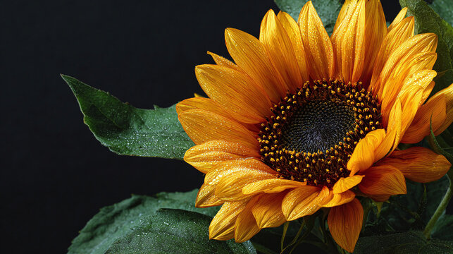 ripe sunflower closeup with seeds on black background autumn harvest agricultural crops bright yellow petals green leaves organic plant for sunflower oil