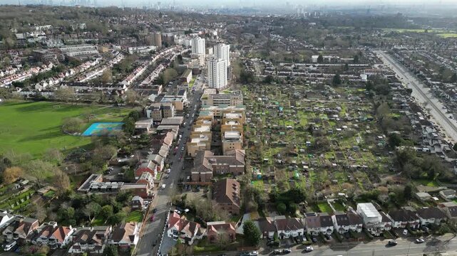 Aerial view from Granville Point, Childs Hill, London NW2, capturing suburban homes and allotments to document the urban landscape.