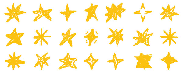 Naklejka na ściany i meble Yellow grunge star collection. Hand drawn abstract sparkle symbols. Rough textured decorative elements isolated on white