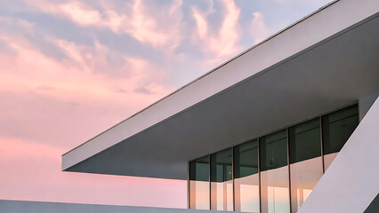 Building modern minimalist architecture with dramatic cantilevered roof, glass windows, and pastel sunset sky background