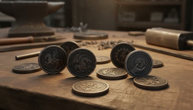 Collection of custom engraved metal fantasy coins with intricate designs and mythical creatures on a rustic wooden surface