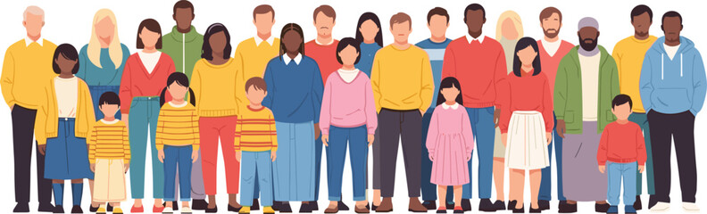 Obraz premium Diverse multicultural community group standing together, men women and children illustration, unity equality and inclusion concept flat vector isolated background
