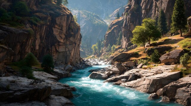Breathtaking landscape photography of a deep rugged mountain gorge, with a wild rushing turquoise river cutting through steep rock faces.