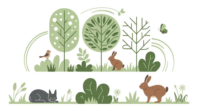 A minimalist nature illustration in a soft green color palette featuring three connected scenes (2)_traced