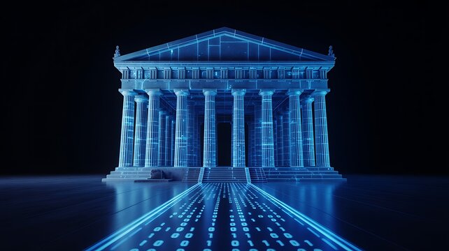 Digital classical temple building with futuristic data network lines