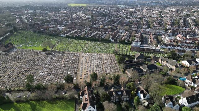 Aerial view of Hoop Lane Jewish Cemetery in Golders Green, London NW11, a historic burial ground serving the Jewish community.