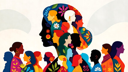 Women silhouettes collage with diverse female profiles in vibrant paper-cut style, celebrating unity, identity, inclusion, and empowerment
