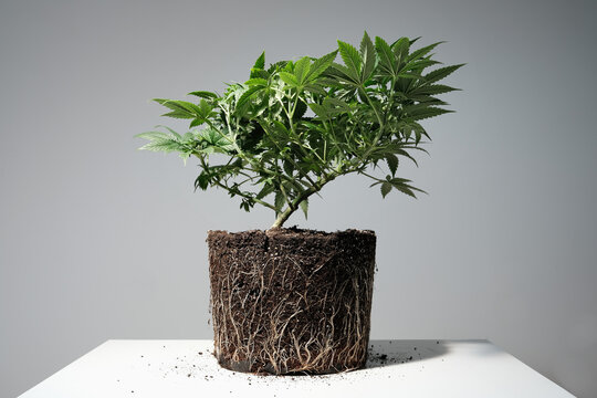 Cannabis sativa plant with well-developed roots on a white surface, professional cultivation concept