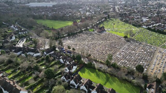 Aerial view of Hoop Lane Jewish Cemetery in Golders Green, London NW11, a historic burial ground serving the Jewish community.