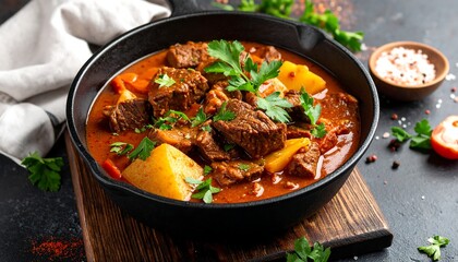 Hearty Beef Stew with Potatoes and Vegetables in a Rustic Bowl.