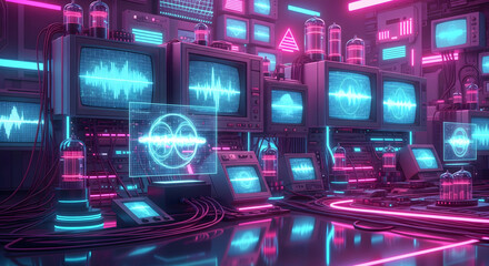 Obraz premium Retro futuristic server room with vintage monitors displaying glowing waveforms and digital interfaces, bathed in vibrant neon pink and blue light.
