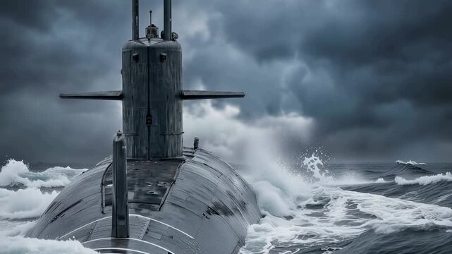 A submarine travels through rough ocean waters filled with large waves and dark clouds. Lightning illuminates the sky, creating a dramatic atmosphere suitable for various projects