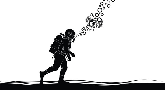 Silhouette vector illustration of a vintage deep sea diver walking on the ocean floor with bubbles rising above the helmet
