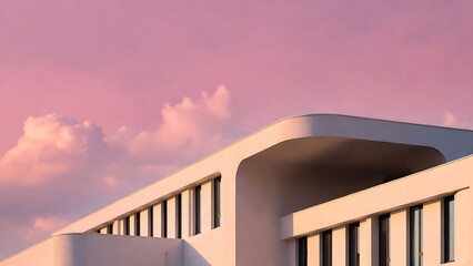 Building modern minimalist architecture with curved roofline and warm sunset sky, clean facade and windows, serene urban design