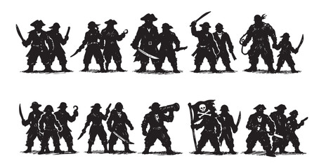 Obraz premium A set of pirate crew silhouettes in various poses, holding swords, a Jolly Roger flag, and a megaphone, with a bold and adventurous mood suitable for historical illustrations.