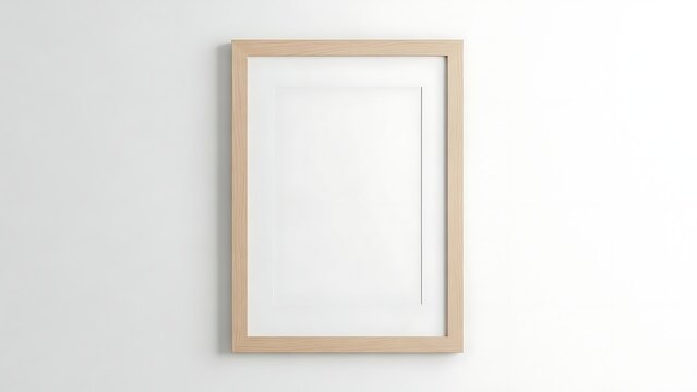 A light wooden frame hangs on a white wall containing a blank white mat with a single vertical line
