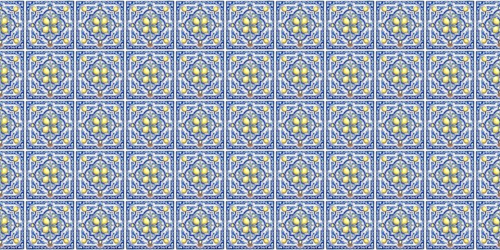 Blue Portuguese Azulejo with Lemons Seamless Pattern Geometric Mediterranean Tile Background Rosette Wallpaper Floral Motif generative AI
