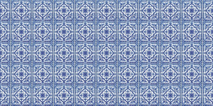 Blue White Portuguese Azulejo Seamless Pattern Geometric Mediterranean Tile Background Rosette Wallpaper Floral Motif generative AI