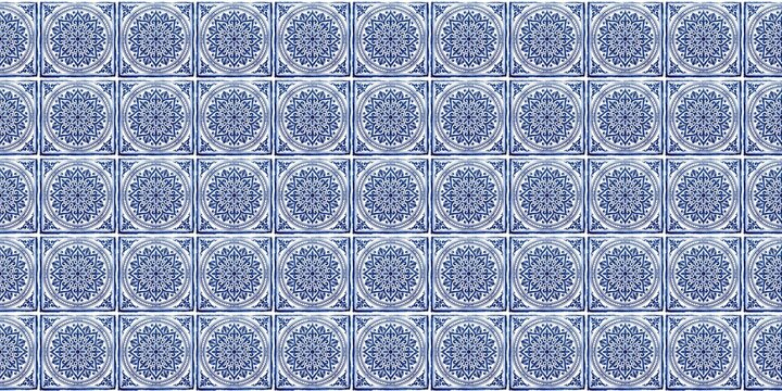 Antique Portuguese Azulejos Seamless Pattern Blue White Floral Geometric Tile Background Rosette Wallpaper Floral Motif generative AI