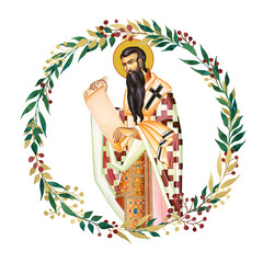 Naklejka premium Basil of Caesarea. Decorative vintage floral wreath, illustration in Byzantine style isolated
