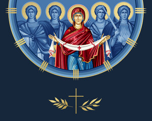 Naklejka premium Intercession of the Theotokos and four cardinal points (Archangel Gabriel, Uriel, Raphael and Michael). Illustration in Byzantine style isolated