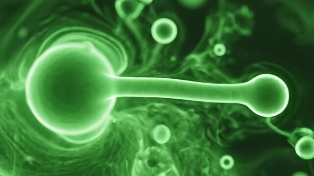 Microscopic view of vibrant green cells undergoing division and replication in a fluid environment showcasing cellular biology and life science processes.