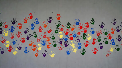 Handprints colorful set on gray background featuring painted, hands, fingers with multicolor and palette elements for art, creative projects, clean