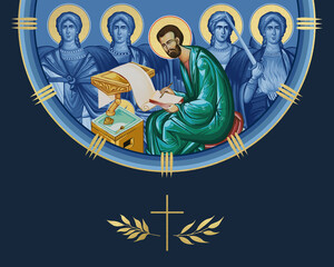 Naklejka premium Mark the Apostle and four cardinal points (Archangel Gabriel, Uriel, Raphael and Michael). Illustration in Byzantine style isolated