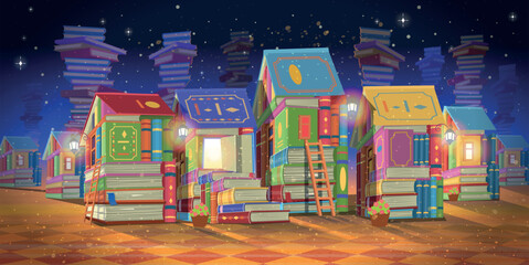 Naklejka premium Fantasy city of book houses with warm glowing lights under starry night sky. Online education and imagination concept. Vector illustration.