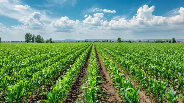 Green corn field with straight crop rows under blue sky in wide agricultural landscape
