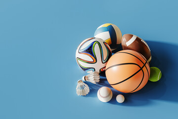 Collection of sports balls on blue background with copy space. 3D Rendering, 3D Illustration