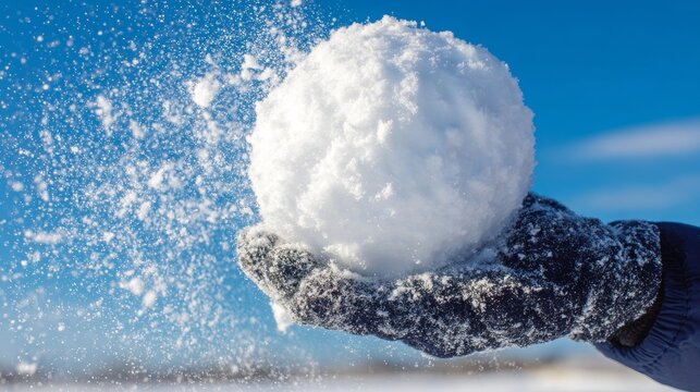 Close up of gloved hand throwing snowball in winter under clear sky, flying snow and ice crystals bursting in cold air, dynamic action, frozen motion, outdoor seasonal activity concept.