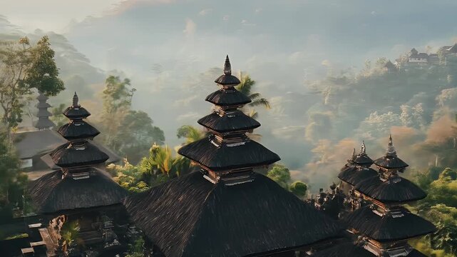 Multi-tiered temples rise above tropical greenery in a misty landscape