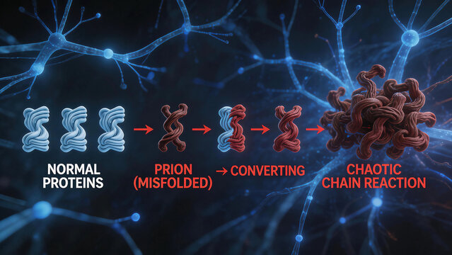 Prions are described as misfolded proteins; normal proteins undergo a chain reaction and misfold, forming chaotic abstract structures in the neural environment.