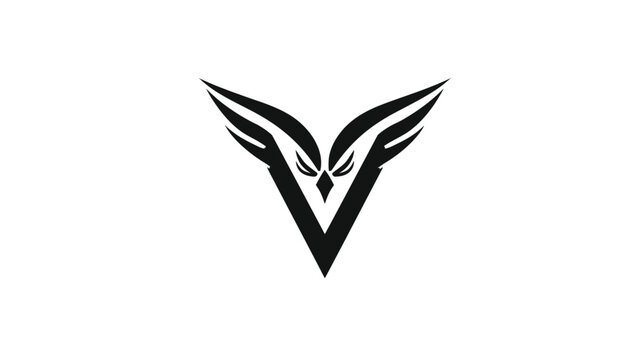 Modern abstract V letter logo with sharp owl eyes and stylized wings, geometric design element for professional emblem concept
