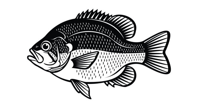 Black and white bluegill fish illustration on white background