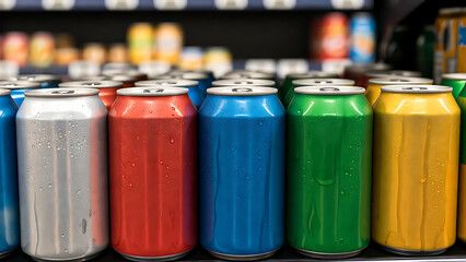 Cans soda collection with colorful packaging and condensation drops on store shelf featuring beverage, drinks, refreshment with aluminum and metal