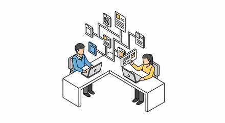Man and woman collaborate at corner office desks with keyboards, screens, and suspended documents in a simple line drawing