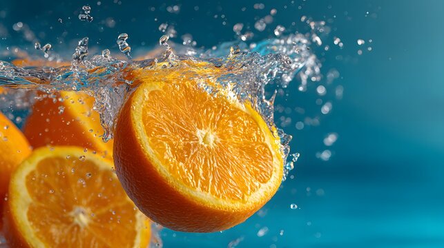 High-speed macro shot of vibrant sliced oranges splashing dynamically into crystal clear sparkling water with frozen airborne droplets.